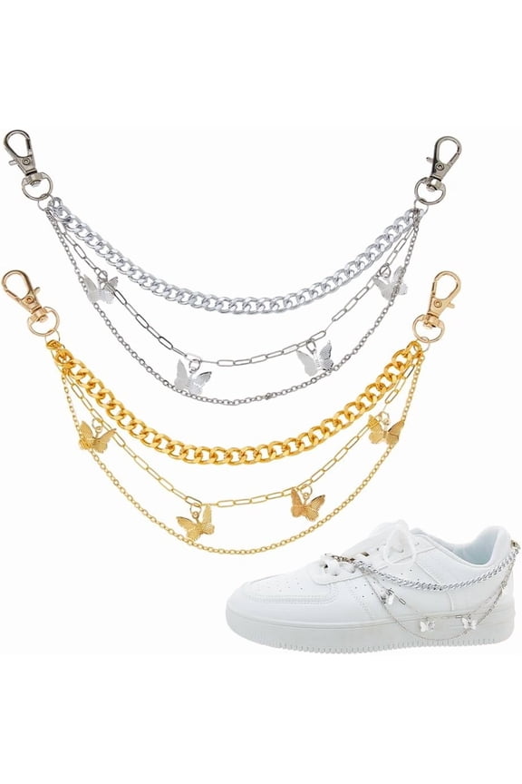 4Pcs 2 Colors Brass Chains Strap Chains with Iron Butterfly Charms and Alloy Swivel Lobster Claw Clasps Platinum & Golden 240mm 2pcs/color