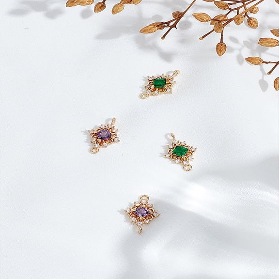 4Pcs 2 Colors Brass Micro Pave Clear Cubic Zirconia Rhombus Links Connectors with Glass Long-Lasting Plated Light Gold Mixed Color 17x11x4mm