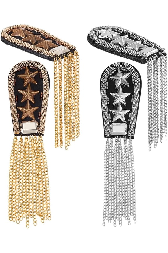 4Pcs 2 Colors Fashionable Star Felt Tassel Epaulettes Cloth Shoulder Badge with Iron Chains Pins Black Platinum Golden 160x40x13mm
