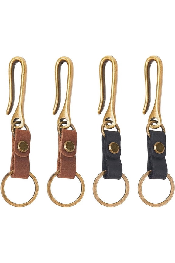 4Pcs 2 Colors Fish Hook Keychain Holder U Shaped Keychain Alloy Retro Key Chain Belt Hook with Cattlehide Leather Iron Findings Key Loop Pocket Clips for Men Keychains Wallet DIY Accessories