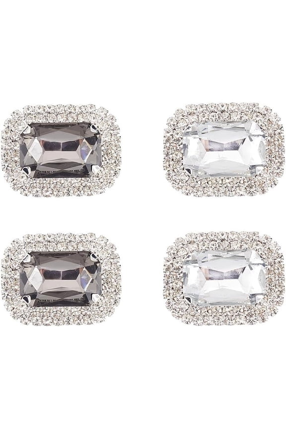 4Pcs 2 Colors Glass Rhinestone Rectangle Shoe Decorations Iron & Alloy Detachable Shoe Buckle Clips Mixed Color 30.5x39x13.5mm 2pcs/color