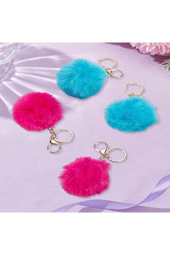 4Pcs 2 Colors Handmade Plush Cloth Fabric Ball Keychain with Alloy Findings Mixed Color 13.6cm 2pcs/color