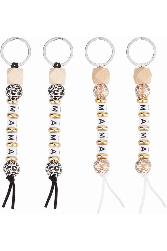 4Pcs 2 Colors Mama Key Chain Set Wooden Bead Keychain Kits Plastic Cow Print Small Silicone Beads Colorful Key Chains for DIY Craft Keychains Car Key Mothers Day Party Favor Wedding Favors Decor