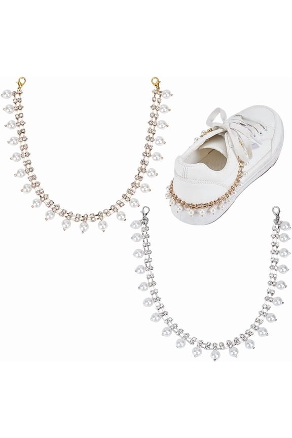 4Pcs 2 Colors Pearl Rhinestone Shoe Chains Pearl Shoe Decoration Chain Brass Rhinestone Shoelace Charms Shoes Accessaries for Women Sneaker Sandals High-top Canvas Decoration 29cm