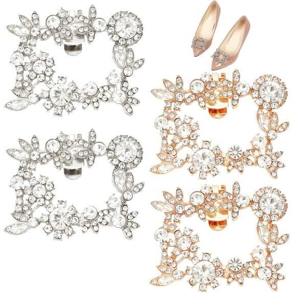4Pcs 2 Colors Rhinestone Shoe Clips Silver Golden Alloy Shoe Decoration Charms Floral Rectangle Detachable Shoe Buckle for Wedding Party High Heels Craft Accessories colorful DIY