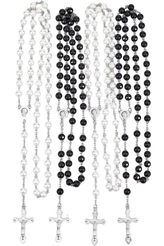 4Pcs 2 Colors Rosary Beads Jesus Cross Holy Crucifix Necklace Alloy Cross Necklaces for Unisex Religious Jewelry Gift 71~74.4cm Long