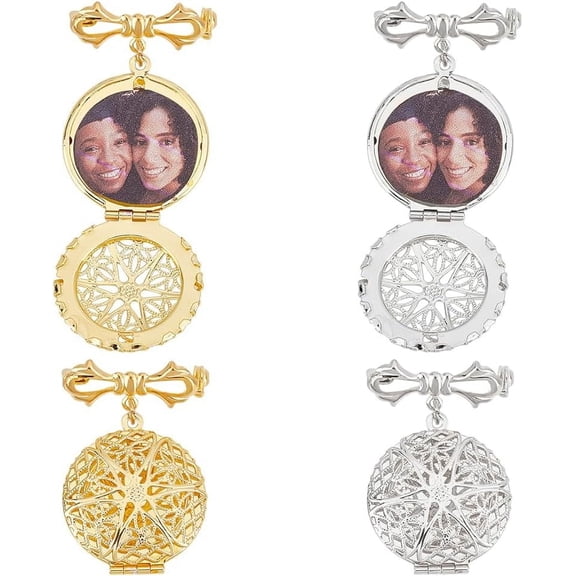 4Pcs 2 Colors Round Photo Locket Brooch Pendant Brass Bouquet Picture Frame Locket Pendants Charms for DIY Jewelry Making Wedding Bouquet Photo Pin Brooch Making Kit for DIY Wedding Memory Gift