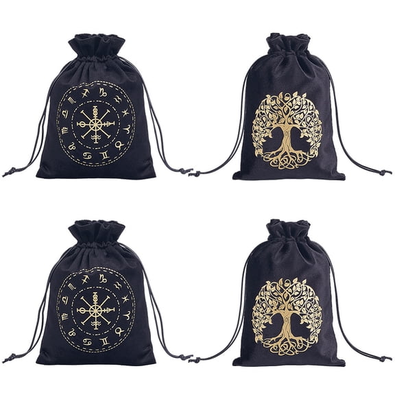 4Pcs 2 Colors Twelve Constellations & Tree of Life Pattern Velvet Packing Pouches Drawstring Bags Rectangle Mixed Color 18.2x12.8~13.5x0.2cm 2pcs/color