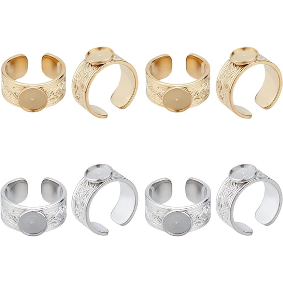 4Pcs 2 Colors Wide Tray Cuff Ring Settings Size 7 Cabochon Ring Carving Pattern Stainless Steel Blank Rings 8mm Trays Open Finger Rings