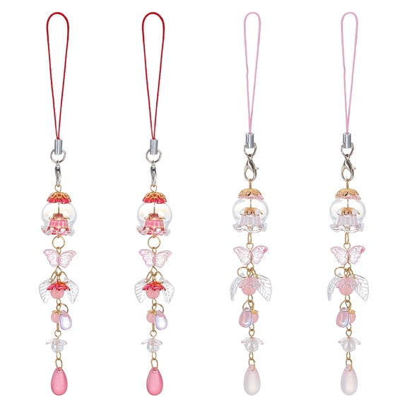 4Pcs 2 Style Acrylic & Glass Mobile Straps Teardrop with Wing Platinum Mixed Color 178mm DIY