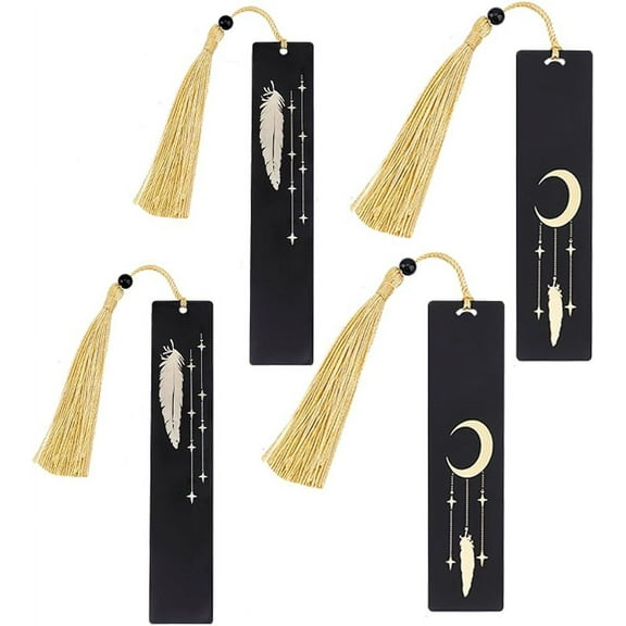4Pcs 2 Style Brass or Stainless Steel Bookmarks with Polyester Tassel & Plastic Beads Rectangle with Feather Pattern Black 250~260mm 2pcs/style