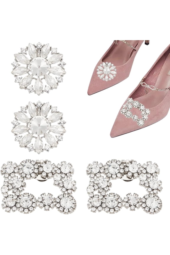 4Pcs 2 Style Detachable Alloy Crystal Rhinestone Shoe Buckle Clips Rectangle & Flower Platinum 45~60.5x45~46.5x10.5~12mm 2pcs/style