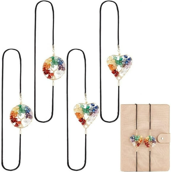 4Pcs 2 Style Elastic Bookmarks Tree of Life Tumbled Natural Gemstone Beaded Book Marker Mixed Shapes 325x2mm 2pcs/style