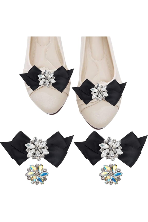 4Pcs 2 Style Glass Rhinestone Shoe Decorations Detachable Bowknot Polyester Ribbon Shoe Decoration Black 32~52x34~100x10~17mm 2pcs/style