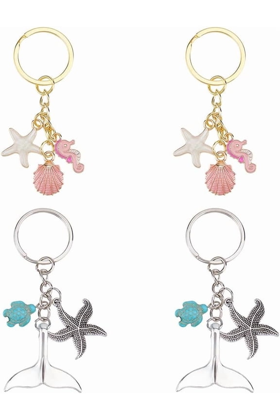 4Pcs 2 Style Seashell Starfish keychain Ocean Keychains Alloy Sea Shell Starfish Keyring Beach for Purse Bag Key Holder Beach Theme Gift