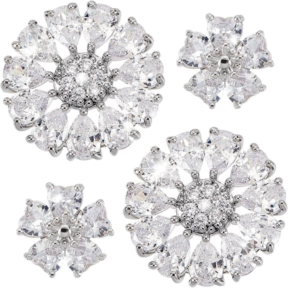 4Pcs 2 Styles 1-Hole Alloy Shank Button with Cubic Zirconia Flower Clear 13~16x14~16x4.5~6mm Hole: 1.2mm 2pcs/style