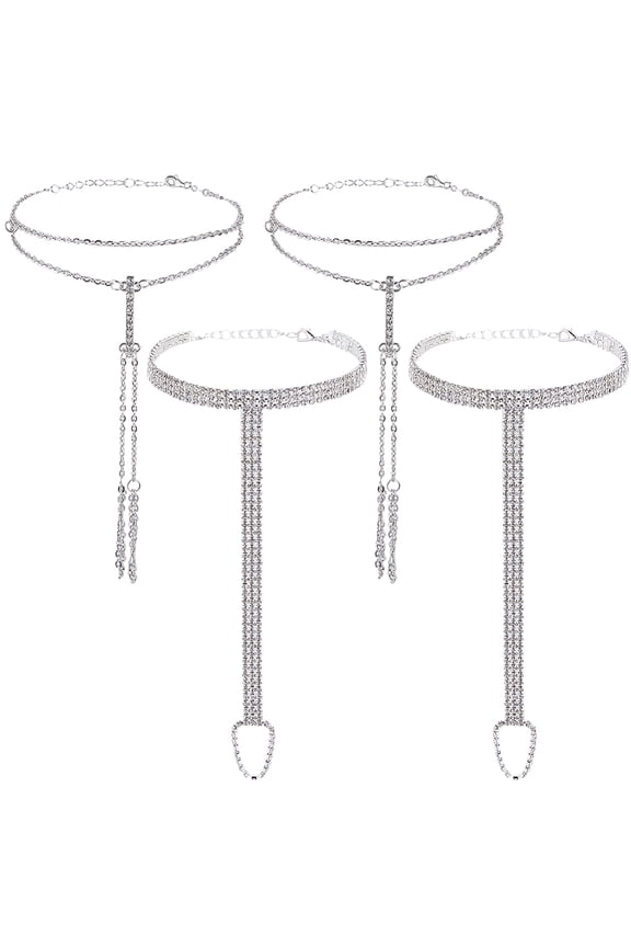 4Pcs 2 Styles Alloy Full Rhinestone Anklets Toe Rings for Women Platinum Silver 8.46~8.85 inch(21.5~22.5cm) 2pcs/style