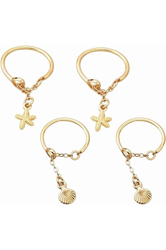 4Pcs 2 Styles Alloy Iron Adjustable Finger Rings with Chain Golden Mixed Shapes Size 7 1/4~8(17.51~18.1mm) 2pcs/style