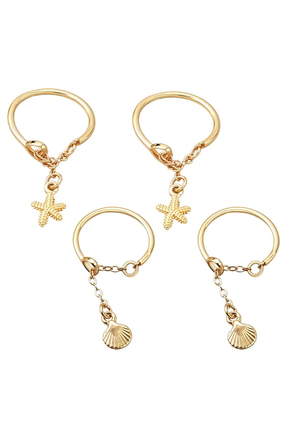 4Pcs 2 Styles Alloy Iron Adjustable Finger Rings with Chain Golden Mixed Shapes US Size 7 1/4~8(17.51~18.1mm) 2pcs/style