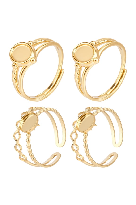 4Pcs 2 Styles Blank Finger Rings 304 Stainless Steel Open Cuff Rings Components Real 14K Gold Plated Bezel Cup Ring Settings Oval Flat