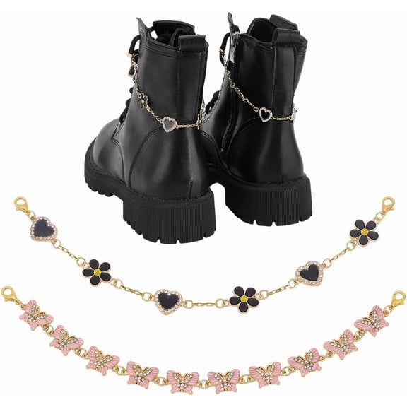 4Pcs 2 Styles Bling Butterfly Flower Heart Shoe Charms 8.8 Inch Cute Rhinestone Chains Charms Sparkling Women Shoe Decoration for Sneakers Clog Summer Sandal Casual Shoe DIY Gift for DIY