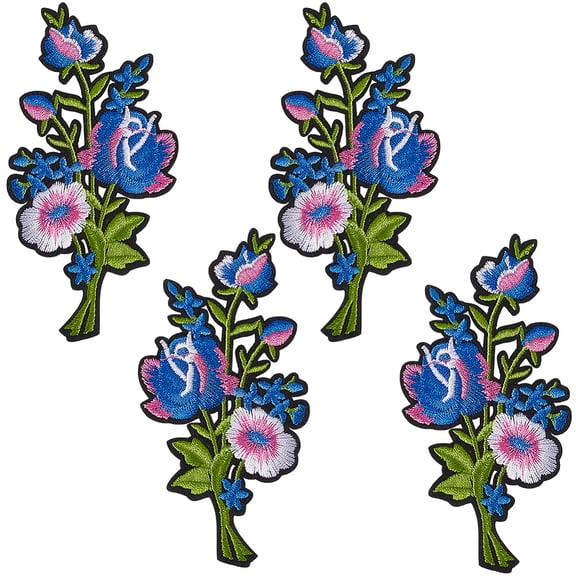 4Pcs 2 Styles Blue Floral Iron on Patches Vintage Rose Sew on Embroidered Patch Assorted Flower Embroidery Repair Badge Appliques Bulk