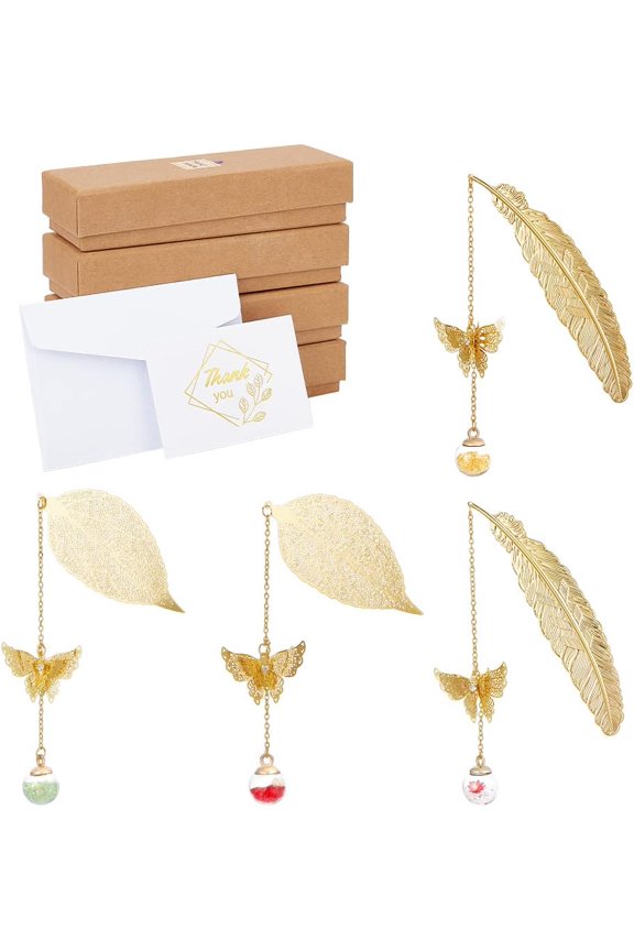 4Pcs 2 Styles Feather Leaves Bookmarks 3D Butterfly Pendant Gift Box and Envelope Greeting Card Birthday Gift Valentine's Day Teacher Appreciation Gift Book Valentiner for DIY