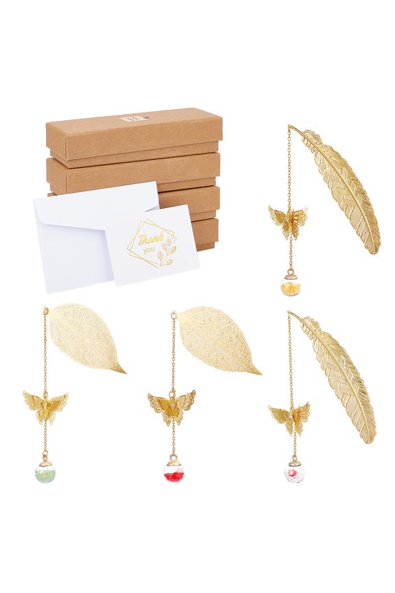 4Pcs 2 Styles Feather Leaves Bookmarks 3D Butterfly Pendant Gift Box and Envelope Greeting Card Birthday Gift Valentine's Day Teacher