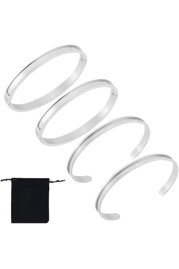 4Pcs 2 Styles Grooved Cuff Bangle 5.1cm Inner 201 Stainless Steel Hair Tie Cuff Bracelet Metal Blank Bracelet Empty Bangles Gemstone Leather Inlay Bracelet with Velvet Pouches for DIY