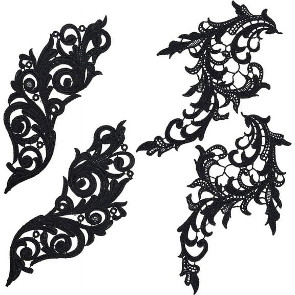 4Pcs 2 Styles Leaves Embroidered Appliques Lace Fabric Black Leaf Flower Sew on Patches DIY Wedding Dress Collar Neckline Trims Applique for Sewing Clothing Hat Bag Jeans Pillow Accessories Black