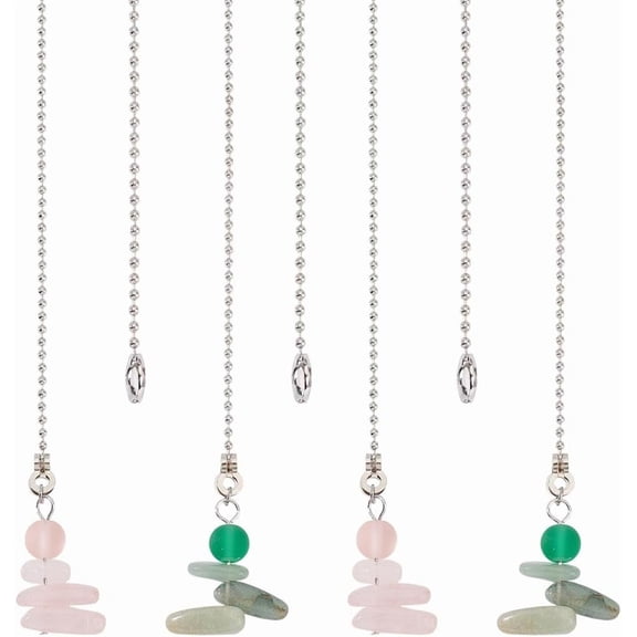 4Pcs 2 Styles Natural Rose Quartz & Green Aventurine Charms Ceiling Fan Pull Chain Extenders with Iron Ball Chain Platinum 355mm 2pcs/style creative