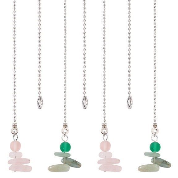 4Pcs 2 Styles Natural Rose Quartz & Green Aventurine Charms Ceiling Fan Pull Chain Extenders with Iron Ball Chain Platinum 355mm 2pcs/style