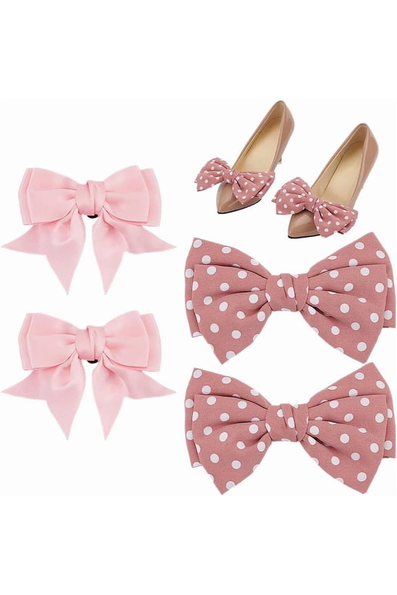4Pcs 2 Styles Polyester Shoe Charms with Buckle Clips Bowknot Pink 80~85x87~134x15~20mm 2pcs/style