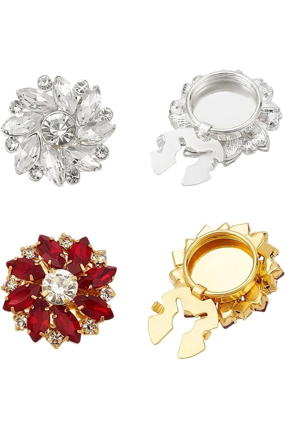 4Pcs 2 Styles Rhinestone Button Cover Sleeve and Flower Detachable Shirt Clips Jewelry for Dress Suit Tux Accessories Siam 1 Set