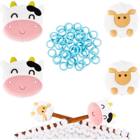 4Pcs 2 Styles Sheep & Cow Silicone Beads Knitting Needle Protectors/Knitting Needle Stoppers with 50Pcs Plastic Knitting Stitch Marker Rings Mixed Color 11.5~28x11.5~29.5x1~9mm Hole: 2mm