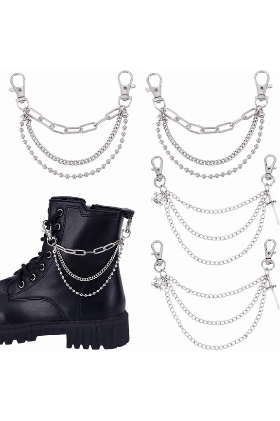 4Pcs 2 Styles Shoe Charms Chain 16.6cm Multi Layered Shoe Chain Platinum Metal Chains Charms Decorations Aluminium Shoelace Chains Charm with Lobster Claw Clasps