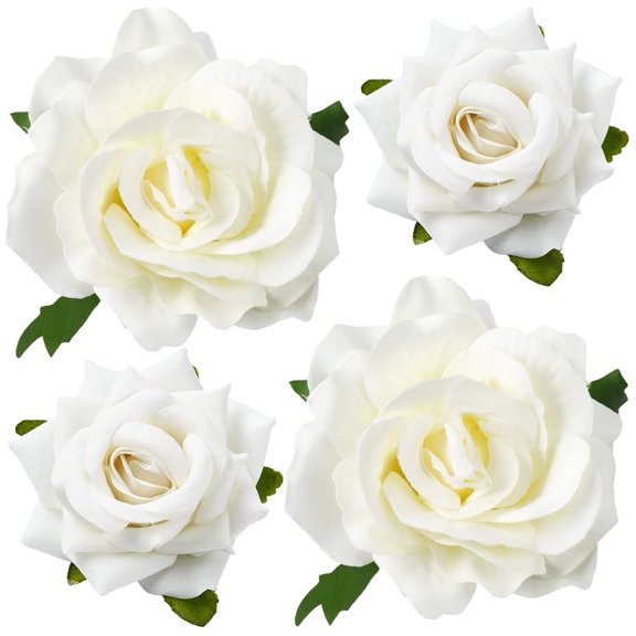 4Pcs 2 Styles White Rose Hairclip Cloth Flower Brooch Elegant Fabric Floral Large Big Decorative Metal Craft Hair Barrettes Pins Accessories for Hairstyle Wedding Festival Party DIY Decor