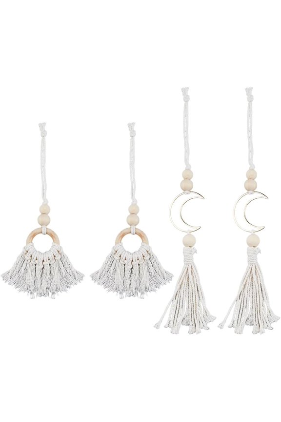 4Pcs 2 Styles Wood Bead Tassel Pendant Decoraiton Moon Brass Linking Rings and Macrame Cotton Cord Hanging Ornament Creamy White
