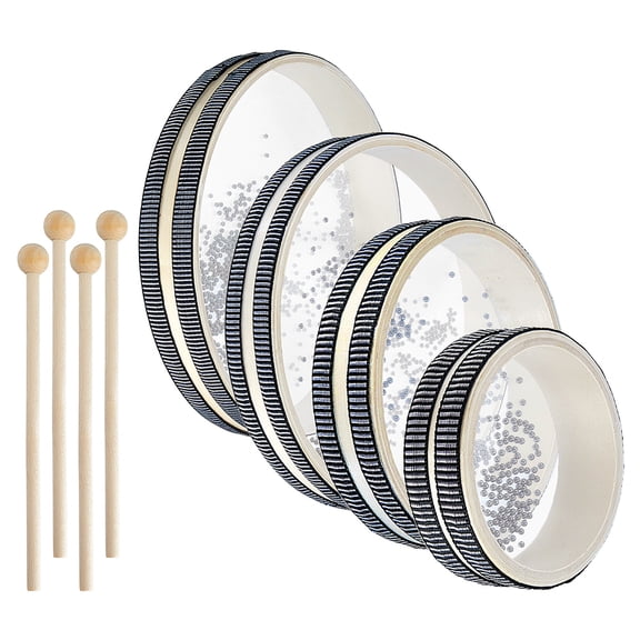 4Pcs 201 Stainless Steel Wave Bead Ocean Drum with 4Pcs Round Head Wood Drumstick Black 104~254x33~34mm