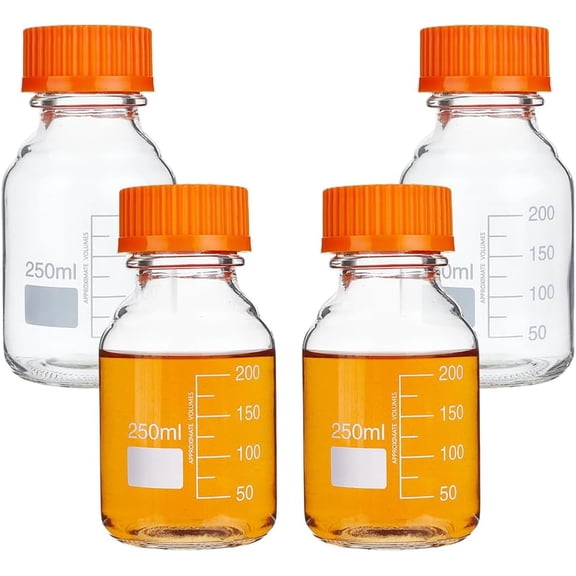 4Pcs 250Ml Round Media Storage Bottles with GL45 Screw Cap Borosilicate Storage Glass Bottles Glass Scientific Round Graduated Media Bottle