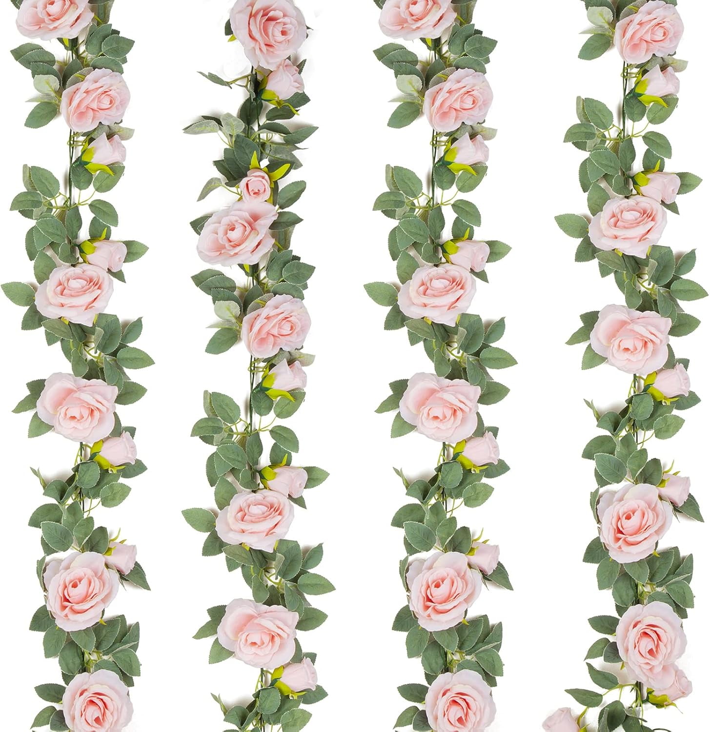 4Pcs(26 FT) Artificial Eucalyptus Garland with Flowers, Pink Fake Rose Gypsophila Flower Garlands for Decoration, Greenery Garland Hanging Vines for Room Wedding Backdrop