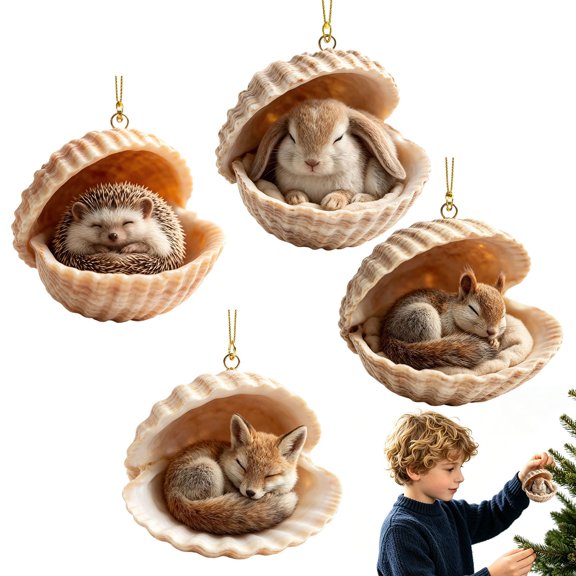 4Pcs 2D Forest Animal Shell Ornaments – Cozy Forest Christmas Ornaments,4pcs Acrylic Cute Forest Animal Christmas Trees Hanging Decorations,Rustic Nature-Themed Home Decor, Animal Lovers Gift