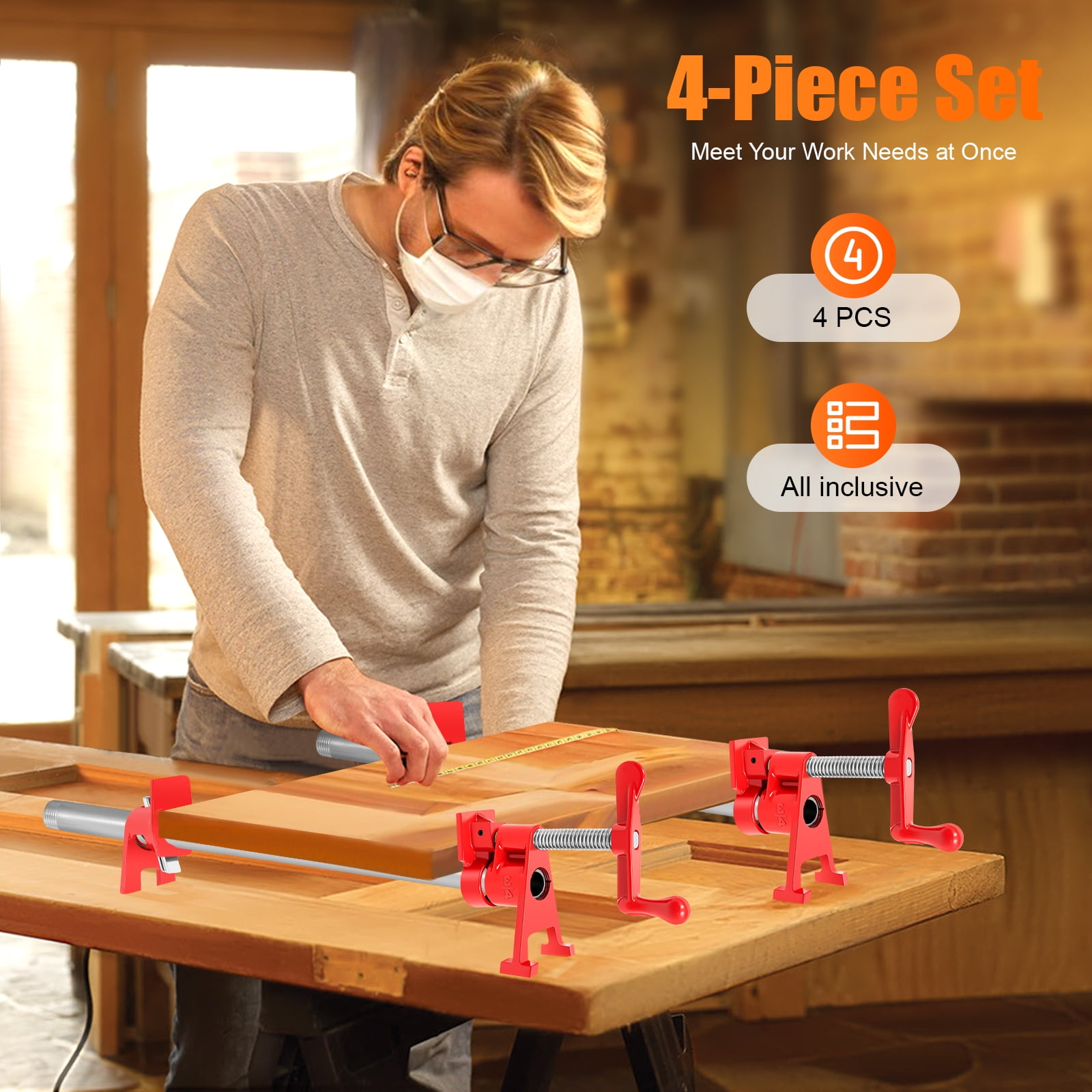 4Pcs 3/4" Wood Gluing Pipe Clamps Efficient Clamping Woodworking Cast Iron for Lumber Stores, Repair Shops