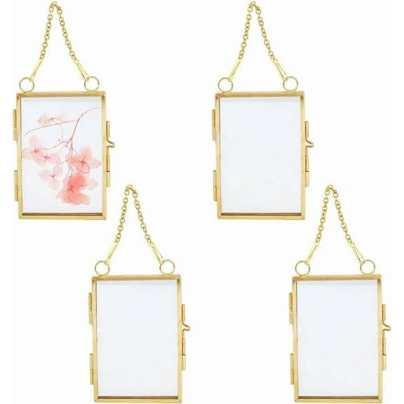 4Pcs 3.6 Inch Brass Wall Hanging Photo Frame Glass Floating Frame Gold Mini Rectangle DIY Vintage Home Decor Double Clear Glass with Metal Chain for Display Dried Plant Specimen Picture Clear