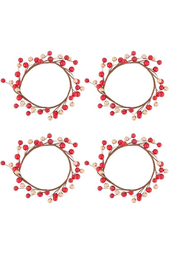 4Pcs 3.6 Inch Christmas Candle Wreaths Red Berry Candle Rings for Pillars Centerpiece Wreath Holder Plastic Artificial Berries Candles Holders Stand for Valentine's Day Wedding Ornaments for DIY