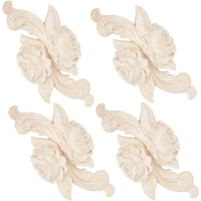 4Pcs 3.9 Inch Wood Appliques Wooden Onlays Carved Decals Unpainted