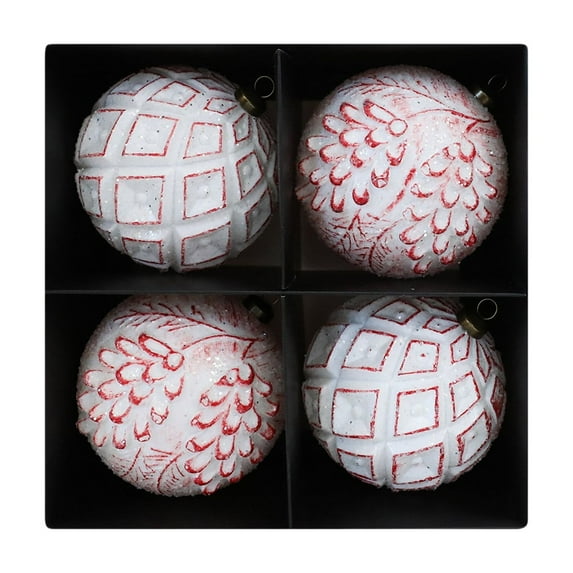 4Pcs 3.93Inch Farmhouse Ball Christmas Ornaments, Ball Vintage Style Christmas Decorations, Holiday Decor with Assorted Designs for Christmas Tree Thanksgiving Party Decoration