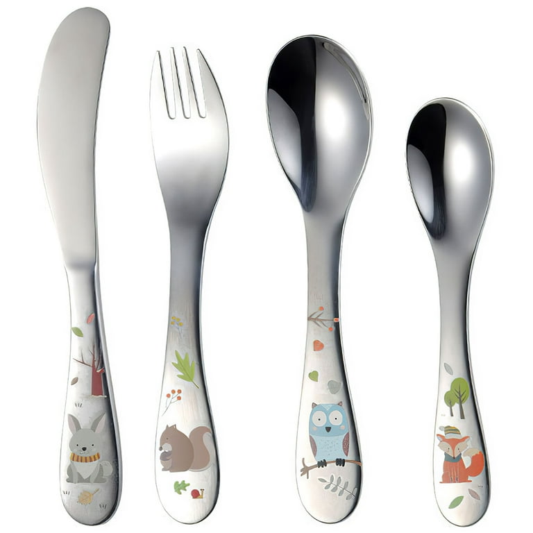 Kirecoo 4 Pieces Toddler Utensils Stainless Steel Baby Forks and Spoons  Silverware Set Kids Silverware Children's Flatware Kids Cutlery Set with