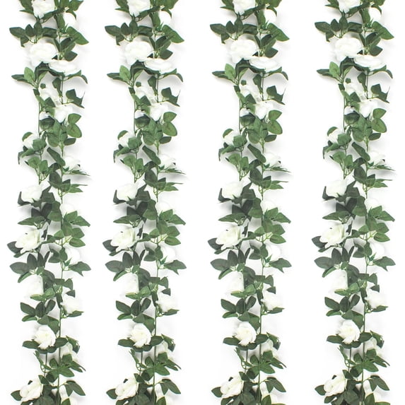4Pcs(32 FT) Artificial Rose Vine Fake Flower Garland Hanging Rose Ivy Hanging Baskets Wedding Arch Garden Background Decor (Red)