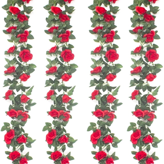 4Pcs(32 FT) Artificial Rose Vine Fake Flower Garland Hanging Rose Ivy Hanging Baskets Wedding Arch Garden Background Decor (Red)